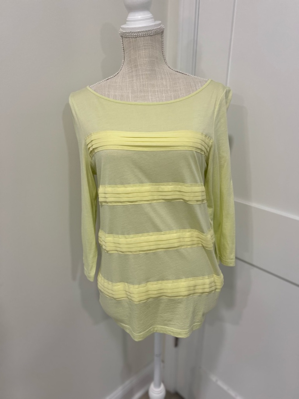 LOFT Light Yellow Pleated Stripe Boatneck Top